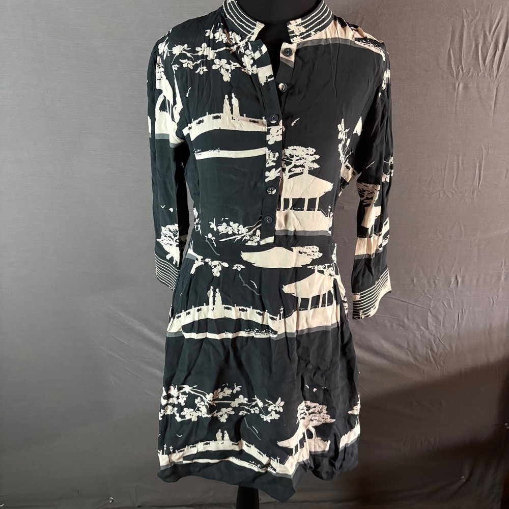 CAROLINA‎ K Women Black White Scenic Print Button Up Shirt Dress Size S